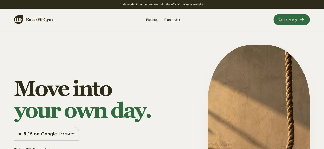 Independent fitness website concept with editorial typography, an illustrative hero and visit enquiry links.